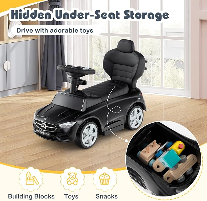 Costzon Push Car for Toddlers, 3 in 1 Mercedes Benz Stroller Sliding Walking Car w/Canopy, Handle, Safety Bar, Horn Sound, Underneath Storage, Foot-to-Floor Ride On Toy for Boys & Girls (Black)