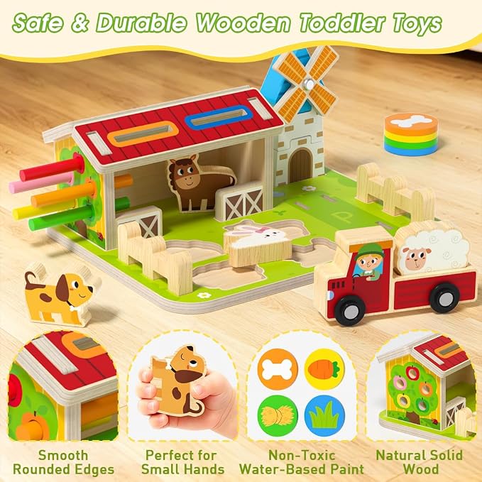 Montessori Wooden Farm Toys for Toddlers 1-3, Coin Sorting Color Shape Animal Matching Fine Motor Skills Toy, Cognitive Learning Educational Sensory Toy for 1 2 3 Year Old Boys Girls, Birthday Gift