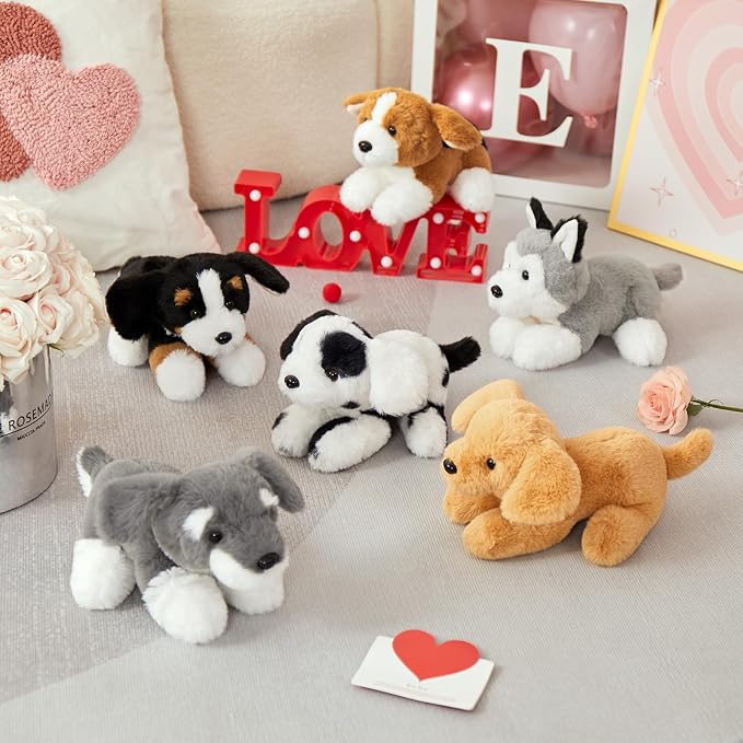 Tezituor 6 Pack Dog Stuffed Animals, 11 Inch Fluffy Puppy Plush Toys Bulk, Assorted Stuffed Dogs for Kids, Lying Dog Plush Set for Birthday Party Favors, Dog Themed Gifts