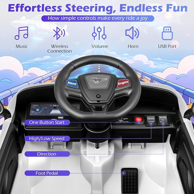 Costzon Ride on Car, 12V Licensed Ford Mach E Kids Electric Vehicle with Parent Control, LED Lights, Horn, Music, Wireless Connection & Spring Suspension, Kids Car Toy for Girls Boys (White)