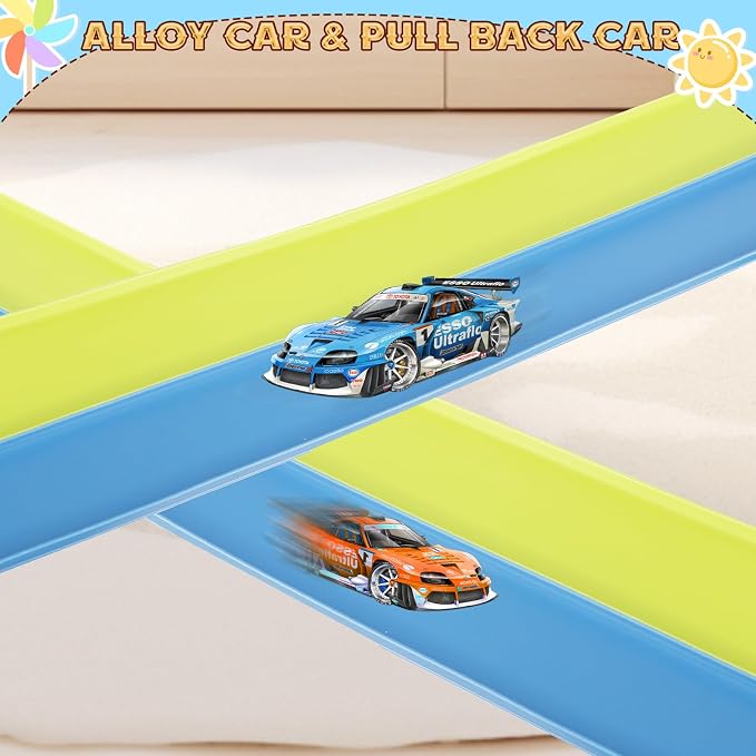 Flex Tracks 15 Ft for Kids Starter Set, Flexible Race Car Ramp Track with Suction Cups Compatible with Diecast 1/64th Cars for Ages 3 & Up (Green & Blue)