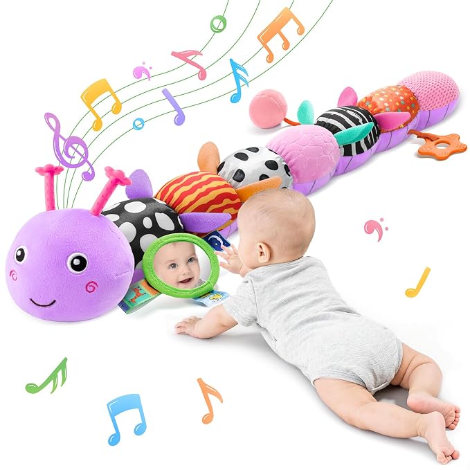 Baby Sensory Musical Caterpillar Plush Toy, Soft Stuffed Animal with Mirror Crinkle Paper Rattle Teether, Tummy Time Play Toy for 0-12 Months Newborn Infant for Boys Girls, Purple