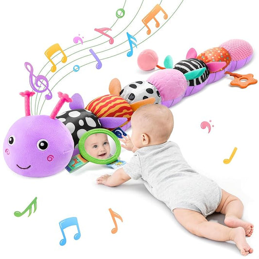 Baby Sensory Musical Caterpillar Plush Toy, Soft Stuffed Animal with Mirror Crinkle Paper Rattle Teether, Tummy Time Play Toy for 0-12 Months Newborn Infant for Boys Girls, Purple