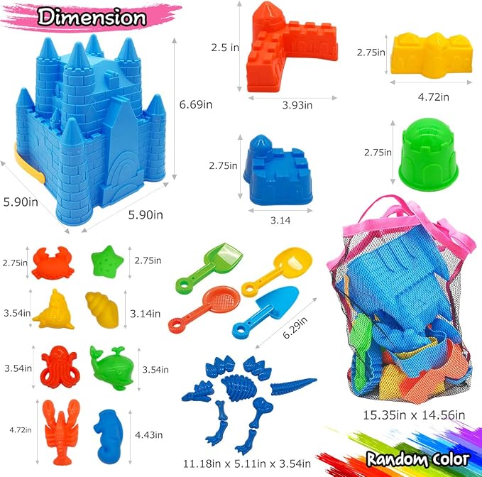 SupMLC Beach Toys, 27 Pcs Sandbox Toys for Kids, Sand Castle Building Kit, Sand Buckets, Collapsible Mesh Bag, Shovels, Dinosaur Molds – Travel Sand Toys for Boys Girls Age 3-10 Beach Accessories