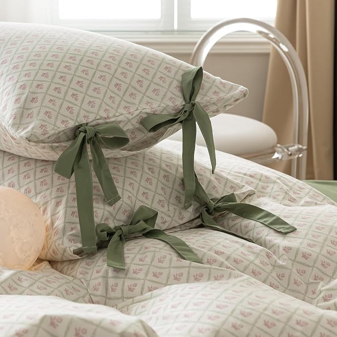 LifeTB Full Comforter Set Pink Flower Comforter with 2 Bowknot Pillowcases Chic Plaid Grid Prints Floral Bedding Comforter Boho Farmhouse Bedding Set French Country Style Botanical Comforter Set