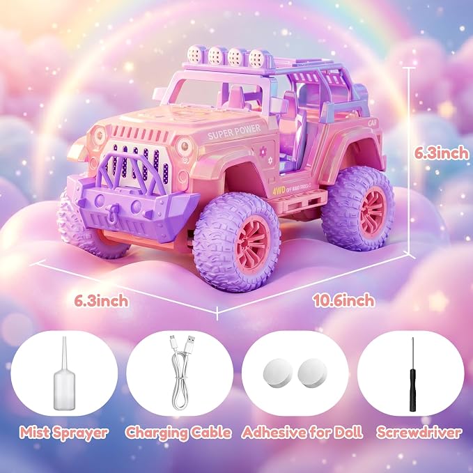 Remote Control Car for Girls with Spray and Sound, 2.4GHz All-Terrain Sparkling Pink RC Cars,Doll and Pet,Windmill,DIY Stickers,Rechargeable Battery,Toys Cars Birthday Gift for Girls Age 6-12