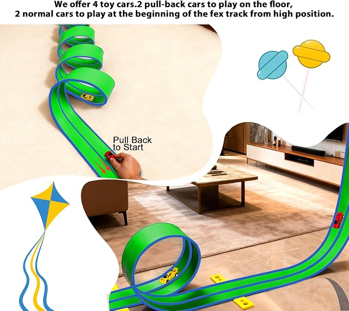 15 Ft Flexible Race Car Track (Aqua Green) for Kids,Flex Track Starter Set Compatible with Hot Wheels and Diecast 1/64th Cars,Portable Racetrack Roll Up Race Track with 4 Racecars and Suction Cups