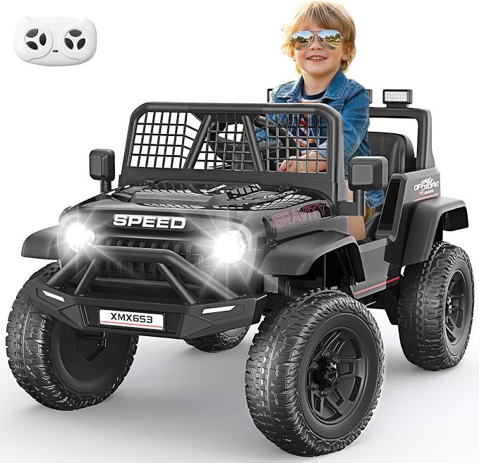 Hikole 24V Kids Ride on Car with Parent Remote Control, Electric Truck Car Toys for Toddler Boys Girls Ages 3-8, Spring Suspension, Safety Belt, Music Player, 3 Gear Shift, LED Light, Black