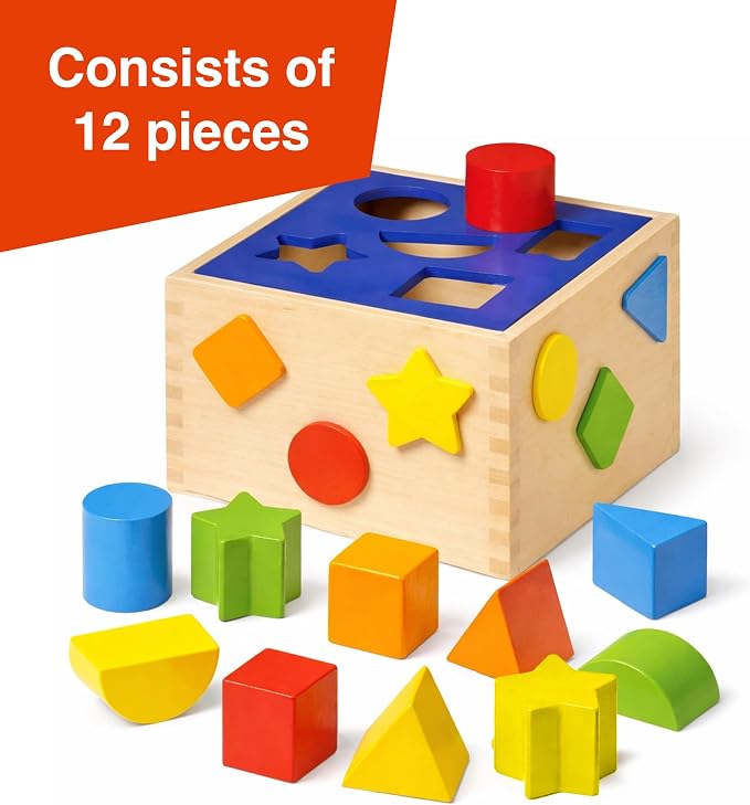 Goki Wooden Shape Sorting Cube for Toddlers 1-3 I 12 Shape Sorter Blocks, Montessori Learning Toy, Color Sorting & Fine Motor Skills Activity Cube