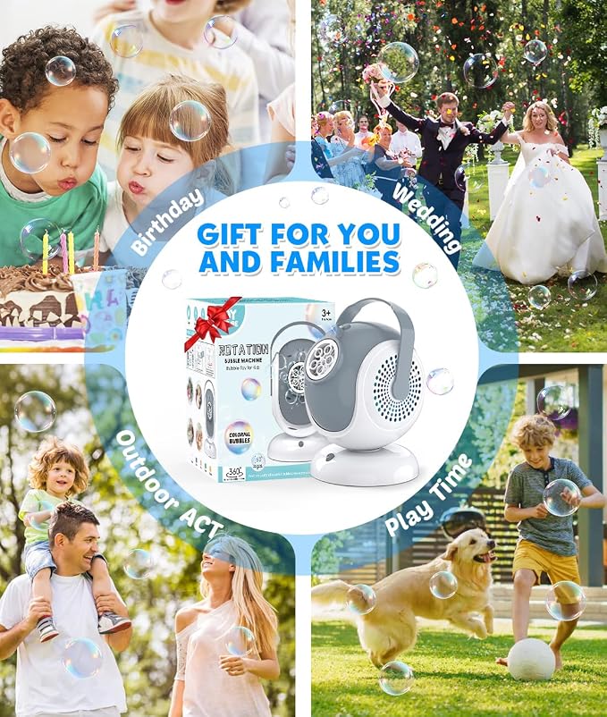 Joyfuture Bubble Machine - Automatic Bubbles Blower for Kids, Toddlers - 360° Rotation & 75° Adjustment, Bubble Toys with LED Light - Gifts for Boys, Girls, Halloween, Outdoor, Birthday, Party