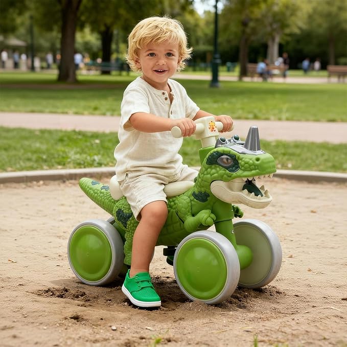 Dinosaur Balance Bike for 1-3 Year Olds, 4-Wheel No-Pedal Bike for Walker, Ride on Toys for Toddlers with Music and Mist Spray, First Birthday Gift for Boys & Girls (Green)