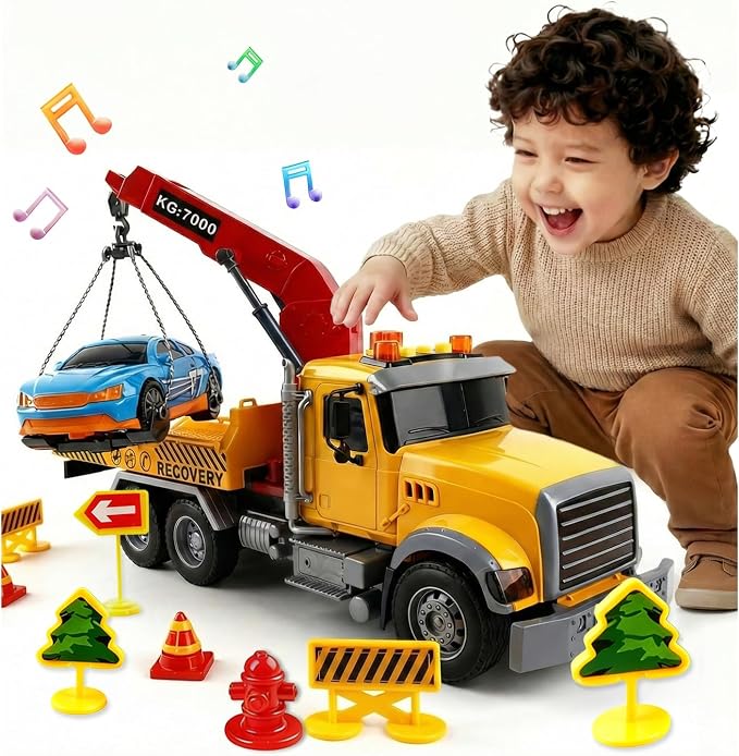 SMILESSKIDDO Toddler Boy Toys for 3 4 5 6 Year Old - 1:12 Large Friction Powered Tow Truck with Light & Sound, Sports Car & Road Signs, Birthday Gifts for Kids, Toddlers Gifts