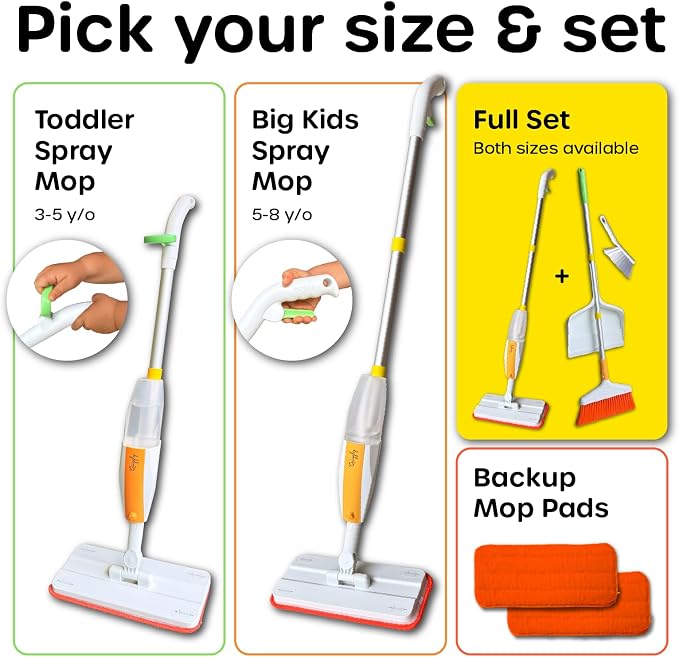 Quiggly Big Kid Toy Cleaning Set - Spray Mop, Broom, Dustpan, Ages 5-8 | Plus brush, one-hand squeeze & spray, Montessori cleaning 4-piece tool kit