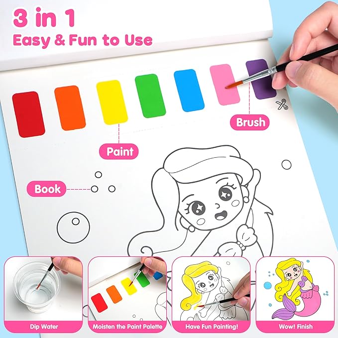 ZIZZ Paint with Water Coloring Books for Toddlers, 3PCS Watercolor Painting Set for Kids Ages 3-8, No-Mess Drawing Art Craft Toy Birthday Valentine's Day Gifts for Girls Boys - Princess, Forest, Sea