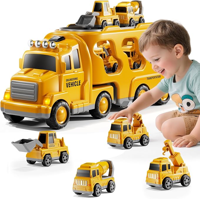 Construction Truck Toys Set for Kids Aged 1 2 3 4 5 6 7 8, Truck Playset with Toy Car, Light and Sound, Movable Parts Construction Toys for Toddlers, Birthday Gifts for Boys Girls 2-4 4-7