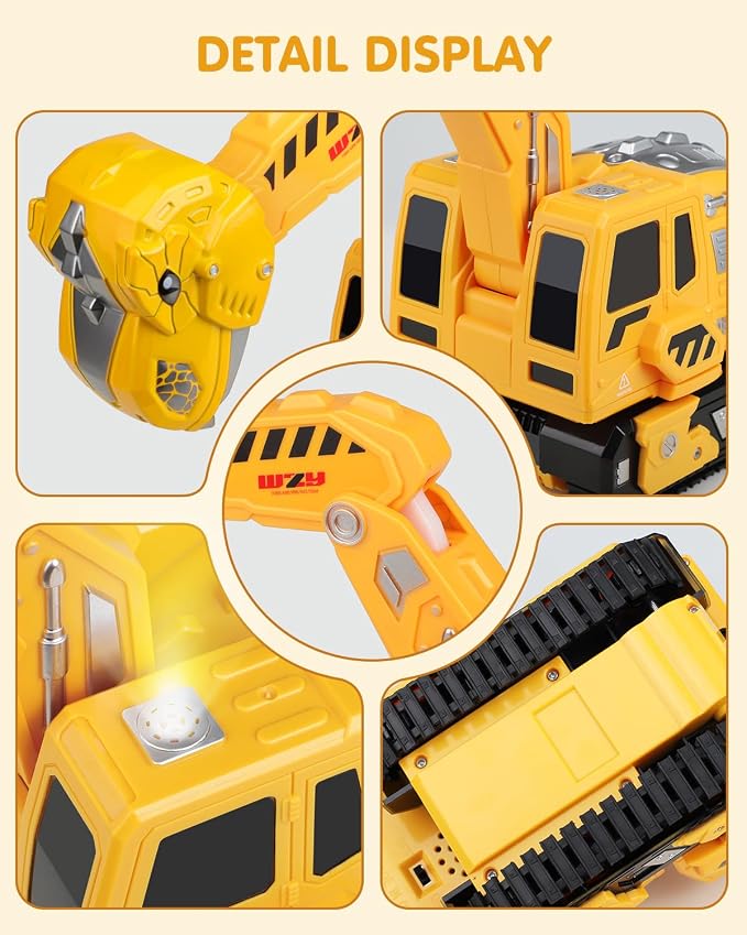 Remote Control Excavator Toys for Boys 4-7, Construction Trucks 2.4GHz RC Excavator with Light and Sound, Dinosaur Toys for Kids 3-5, Christmas Birthday Gifts for Kids (Yellow)