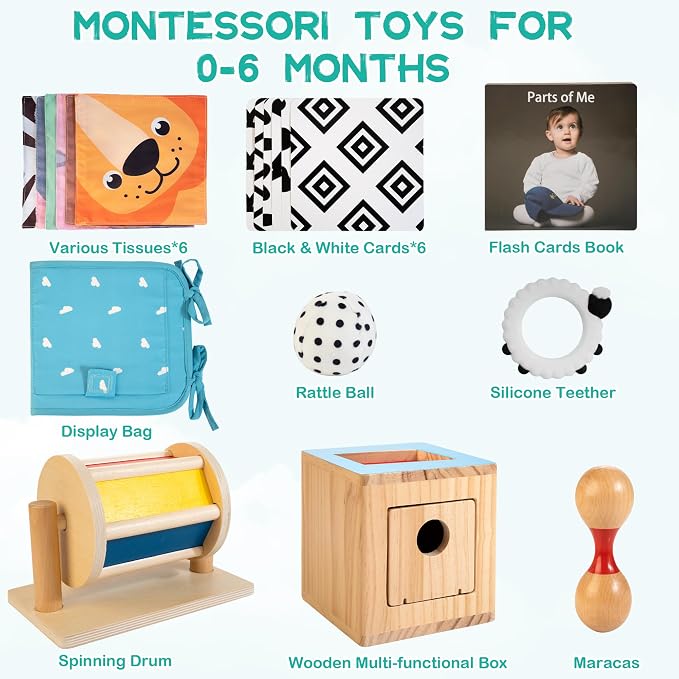 WOODMAM Montessori Toys for Babies 0-6 Months, 9 in 1 Learning Educational Baby Gifts for Newborn 0-3-6 Months, Includes High Contrast Cards, Baby Tissue Box Toy, Spinning Drum, Teether and More