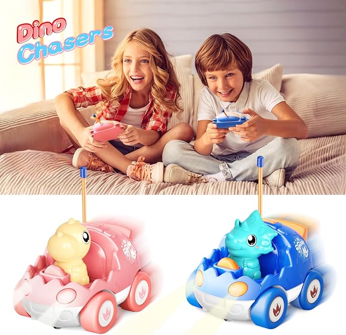 Kidz do 2 Pack Pink Dinosaur Remote Control Car Toys, Christmas Birthday Gifts for Boys Girls 2 3 4 Years Old, Dino RC Car with Music and Light, Toddlers Toys for Kids 2-4 Year Old,(Pink Blue)
