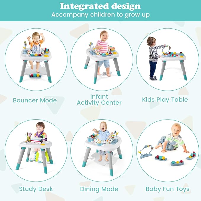 HONEY JOY Baby Bouncer Activity Center, 6-in-1 Infant Jumper & Standing Play Table w/ 360° Rotary Seat, 5 Toys, 3 Adjustable Heights, Music & Sounds, Activity Center for Babies(Blue)