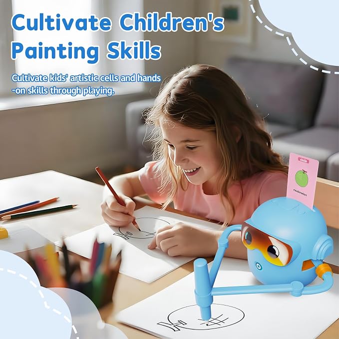 Peledic Drawing Robot Toy for Kids with 100 Word Cards & 12 Color Pens, Voice Interactive Educational Drawing Machine, Montessori Painting Toys for 3 4 5 6 7 8 Year Old Boys Girls Easter Gifts (Blue)