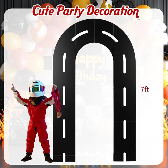 Zhanmai Racing Party Backdrop Decor Open U Shaped Race Track Arch Backdrop Stand with Weighted Water Bag Racetrack Pre-Cut Foam Board Set for Race Car Road Go Kart Birthday Games Party(7 ft)