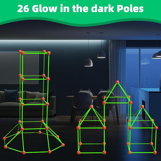 Awsoo Fort Building Kit for Kids 3 4 5 6 7 Glow in The Dark STEM Building Toys Indoor Outdoor Play Tent for Kids Construction Toys with 52 Poles and 24 Connecting Ball