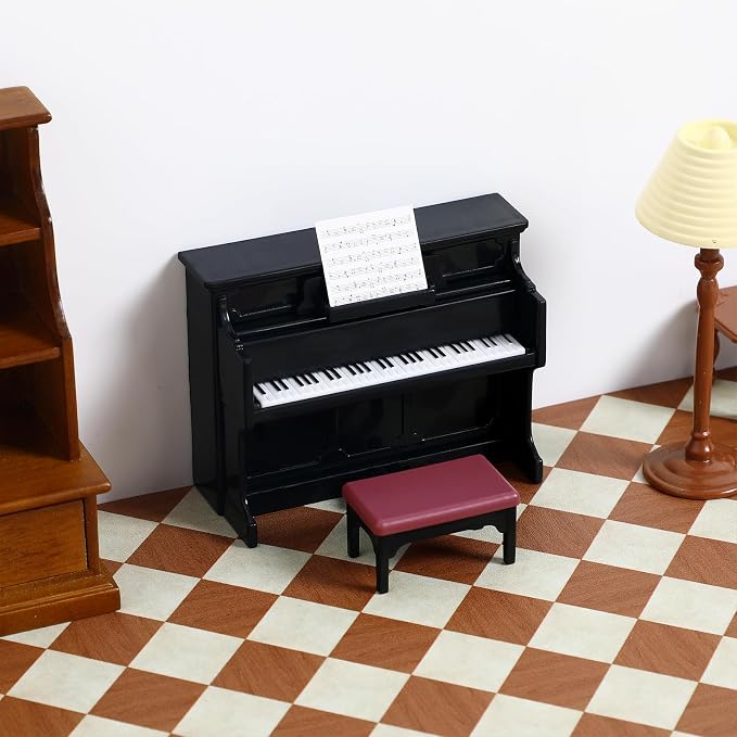 TOYANDONA Piano Keyboard Dollhouse Piano Model Miniature Upright Stool Musical Educational Toy for Kids Micro Landscape Fairy Garden Black