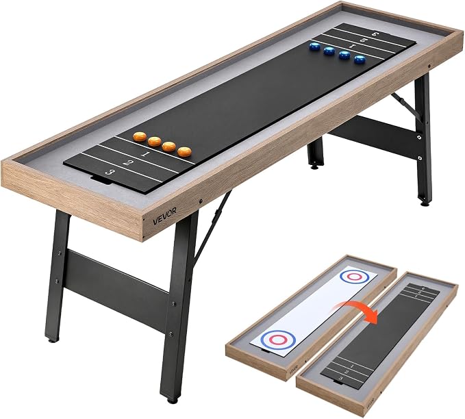 VEVOR 7ft 9ft 12ft Shuffleboard Table 2 in 1 Shuffleboard and Bowling Combo Set, Shuffle Board with Scratch-Resistant Playfield, Pucks, Bowling Set, Wax, Brush for Family Game Rooms