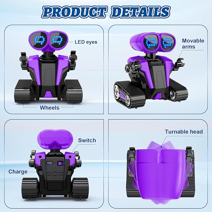 MindPal Robot Toys for Boys Girls with Auto-Demonstration Robots for Kids Remote Control Rechargeable Emo Robot with LED Eyes Age 3 Years and Up Purple