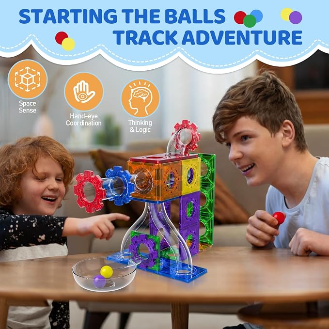 Magnetic Tiles, 72 PCS Magnetic Marble Run Building Blocks – STEM Toy for Kids Ages 3-8 | 3-in-1 Building Set with Tiles, Race Tracks & Marble Runs for Creative Learning & Imaginative Play