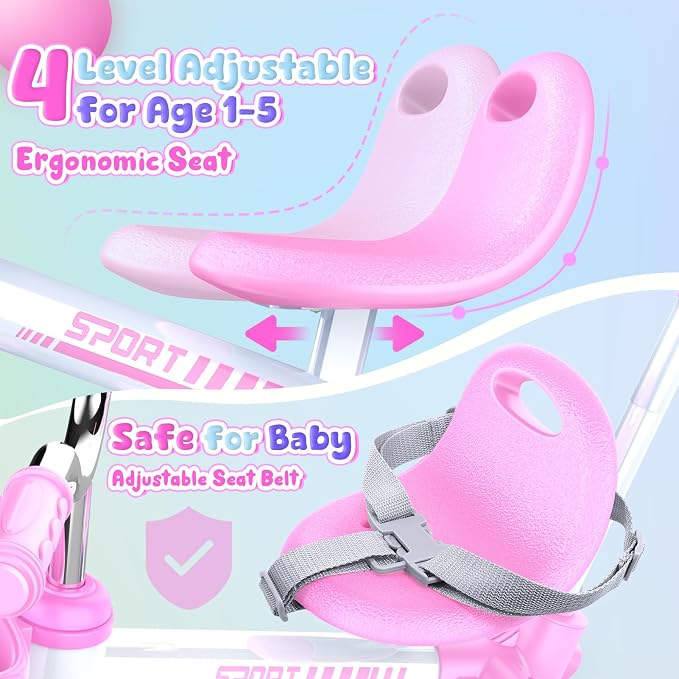 Kkdi 5 in 1 Toddler Bike for 1-5 Year Old, Tricycle with Push Handle, Convertible Baby Balance Bike, Bicycle, Color Light Wheel & Detachable Pedal, 4-Position Seat, Toddler Girl Birthday Gift, Toy