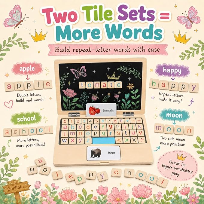 Montessori Toys 4 Year Old Girl Birthday Gifts 11.8" Floral Laptop, Homeschool Essentials, Educational Learning Pretend Play, Toddlers Toys, Customized Flashcards Learning