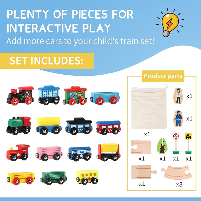 31 PCS Wooden Train Cars - Magnetic Train Set Includes 15 Cars, 10 Bonus Connectors & Storage Bag, Wooden Train Set Toy Train for Kids Toddlers, Compatible with Major Brands Train Tracks Set