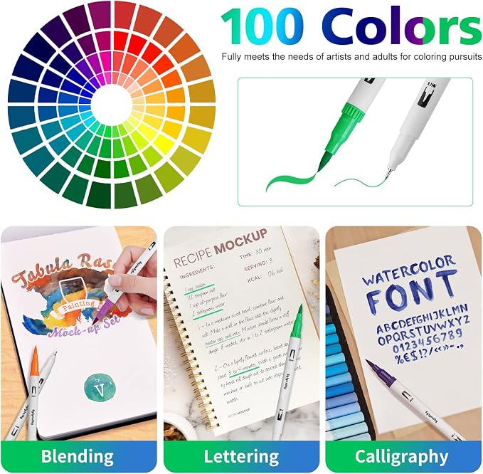 Eglyenlky Markers for Adult Coloring, 100 colors Dual Brush Pens Art Coloring Pens with Fine Tip and Brush Tip for Adult Kids Drawing Lettering Calligraphy (White Set)