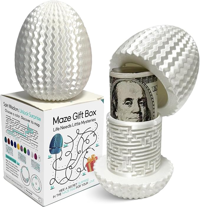 Money Puzzle Box for Cash Gift Card Holder - Reusable Secret Safe with 4 Unique Maze Egg Designs, 3D Printed Brain Teaser Game for Teens Adults, Easter Birthday Christmas Stocking Stuffer (White)