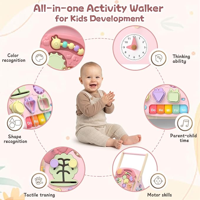 2 in 1 Wooden Baby Walker and Activity Center for Girls Boys Sit-to-Stand Learning Toy Kids Montessori Educational Push Toys with Music Detachable Busy Keyboard for Toddlers Pink
