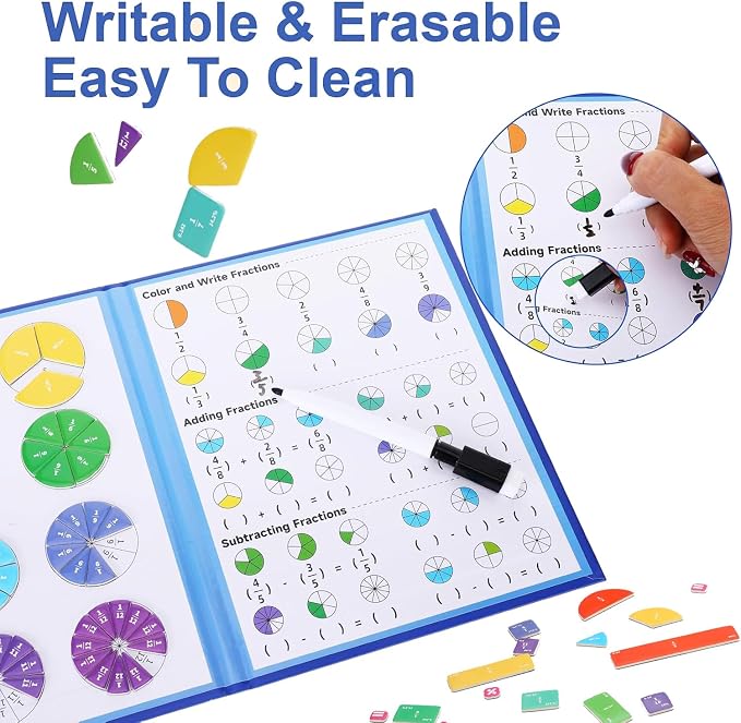 Magnetic Fraction Playbook & Fraction Manipulatives Set, Montessori Magnetic Fraction Book for Kids Grades K-3, Math Manipulatives with Fraction Tiles and Circles, Educational Fraction Games & Puzzle