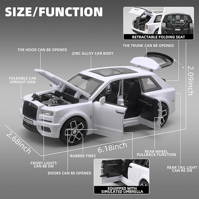 OANMYJJO Collectibles Exquisite Car Model 1:32 Rolls-Royce Cullinan Die Cast Metal Model Cars,Pull Back Toy Cars with Light and Sound,Cars Toys Gifts for Age 3+ Year Old Boys（White）