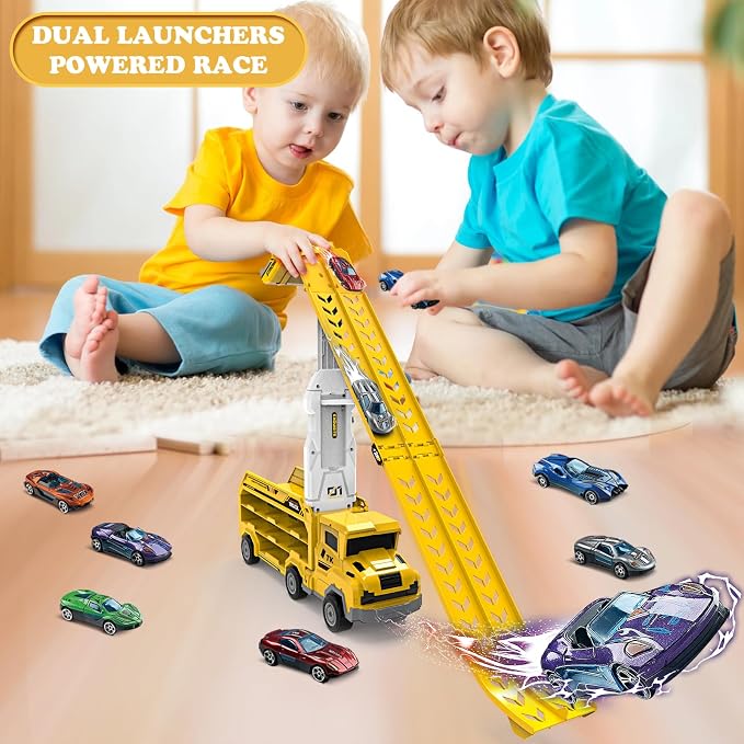 Toddler Car Truck Toys,Car Carrier Trucks for Kids Age 3-5 4-8,Foldable Car Track Sets with 2.8-Ft Race Track and 6 Die-Cast Race Cars, Truck Toys Gifts for 3 4 5 6 7 8+ Year Old Boys Girls(Yellow)