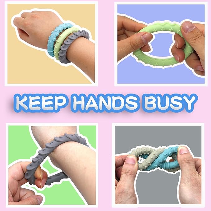 Olugu Chew Bracelet for Sensory Kids, 4 Pack Textured Sensory Bracelets for Kids with Autism ADHD Anxiety or Special Needs, Fidget Toys Bracelets for Girls Boys Chewing Biting