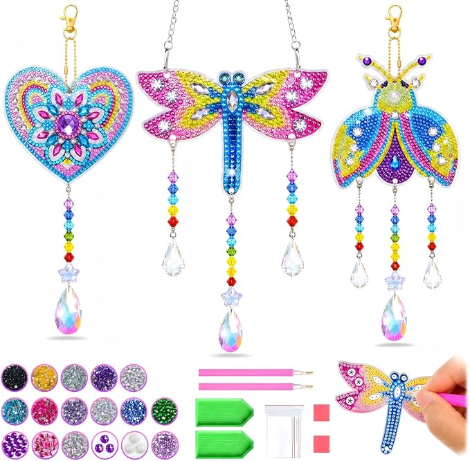 Diamond Art Kits for Kids Ages 8-12, 3PCS DIY Diamond Art Painting, DIY Sun Catcher Wind Chimes for Home/Garden/Classroom Decor, Creative Gem Painting Gifts for 8 9 10 11 12 Year Old Girls Teen Adults