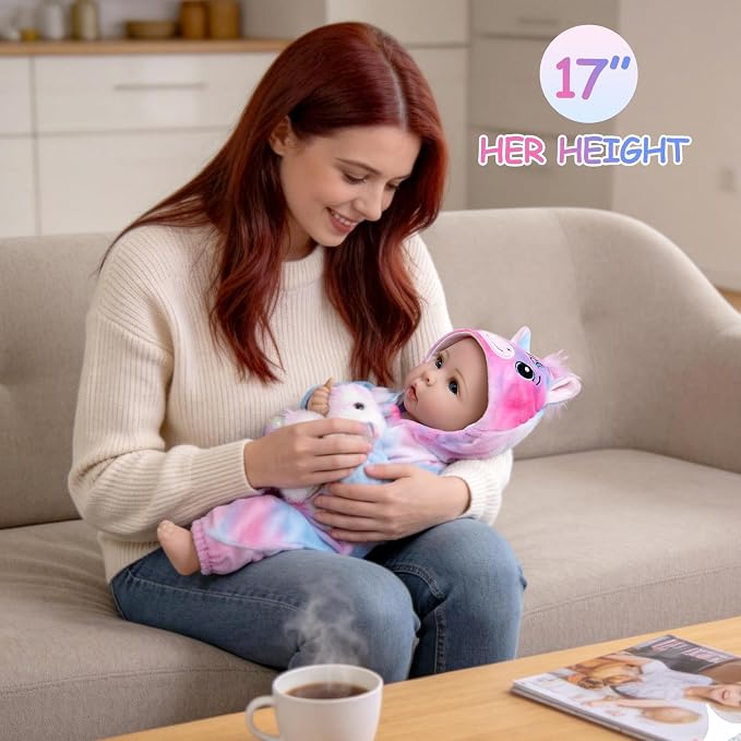 UOFTKIZ Real Life Baby Doll Girl - 17-inch Lifelike Girl Doll with Feeding Set, Soft Body with Cloth, Ideal Gift for Ages 3+, Grandparents