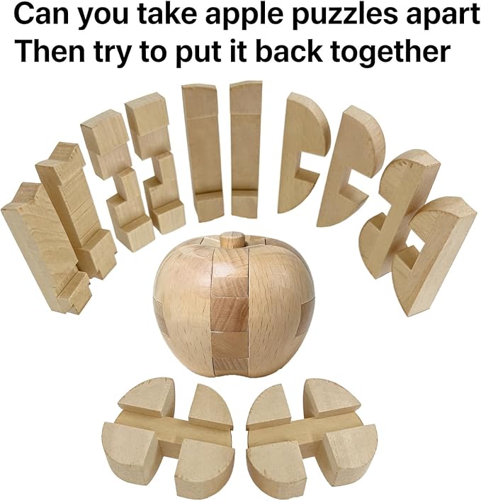 Brain Teasers Wooden Apple Puzzles for Adults - Challenging 3D IQ Logic Games for Teens 14+, Stress Relief Desk Toys & Office Decor, Unique Gifts for Women,Men,Grandparents (Natural)