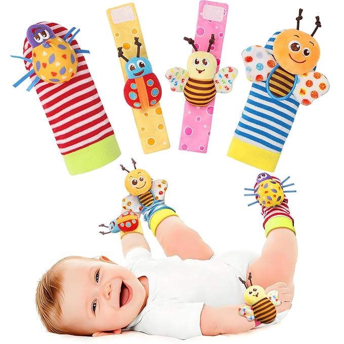 Bloobloomax Baby Wrist Rattle Socks & Foot Finder Toy-Gift for 0-36M | Infant Essentials Wristband Hand & Feet Rattles | Sensory Toys for 0-3Years Newborn Boys and Girls As Shower Present
