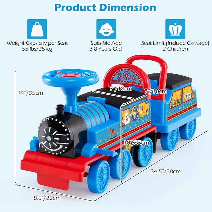 OLAKIDS 6V 2-Seater Ride on Train with Carriage, Storage, Train Whistle, Music, Lights for 18 Months+ (2 Seaters, Circus)