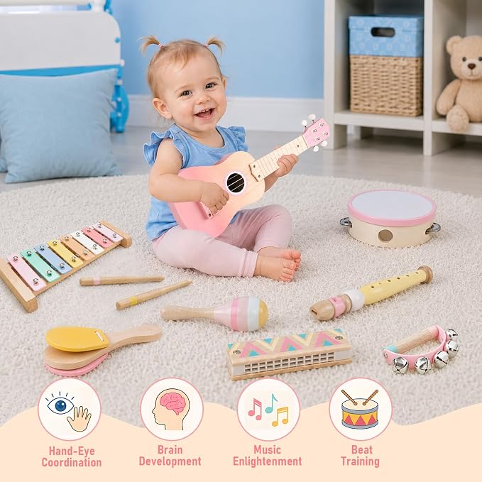 Pink Kids Guitar Set - 8 in 1 Toddler Musical Instruments,Montessori Wooden Ukulele Xylophone Tambourine Maracas Flute,Toy Guitar for Toddler Girl Ages 1-3, Toddler Girl Gifts for 2 Year Old