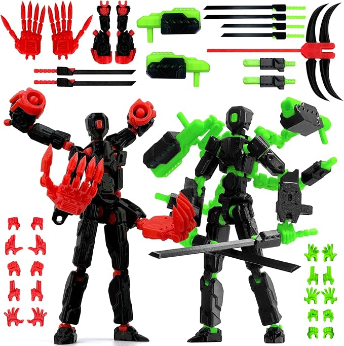 T13 Assembly Completed Action Figure Set, Multi-Jointed Movable 3D Printed Robot Toy, Cool Desktop Decoration Collectible Gift for Game Lovers (Black red and Black Green)