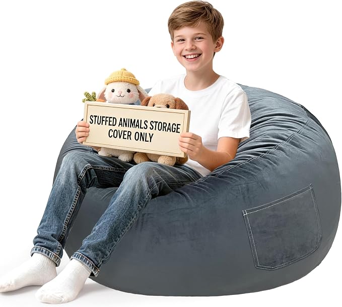 Lukeight Stuffed Animals Storage Bean Bag Chair Cover for Kids and Teens, Cozy Velvet Plush Toy Organizer Seat, Cover Only, No Filling Included, Long YKK Zipper, Side Pocket, XX-Large 36 x 20 in