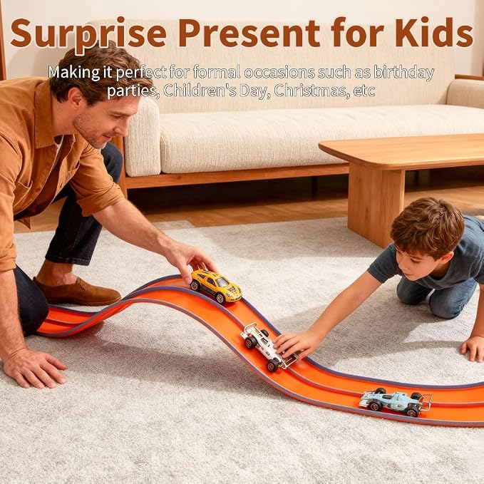 Flexible Race Car Track 15 Ft Starter Set for Kids Age 3+, Rolls Up Portable Flex Track Compatible with Diecast 1/64th Cars, Long Kids Car Ramp Toy with Suction Cups