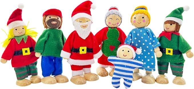 HYSTYLE 7 Pack Wooden Dollhouse Family Dolls Pretend Play Figures, Family Role Play Pretend Play People Figures